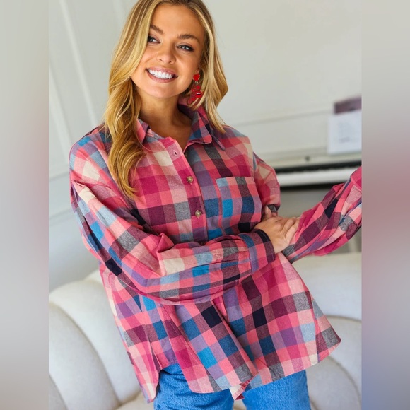 Oversized Button Down Mauve Washed Lightweight Plaid Top, Puff Shoulder, Small - Picture 3 of 11